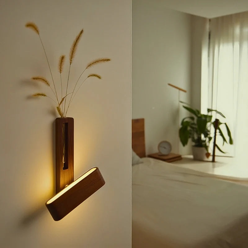 Walnut wood vase wall light, medium