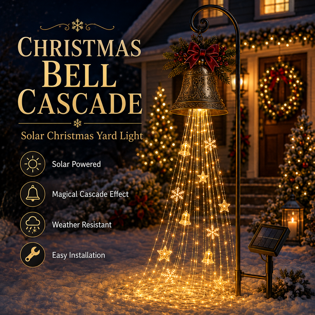 Christmas bell decoration solar yard light with glowing cascade in a garden