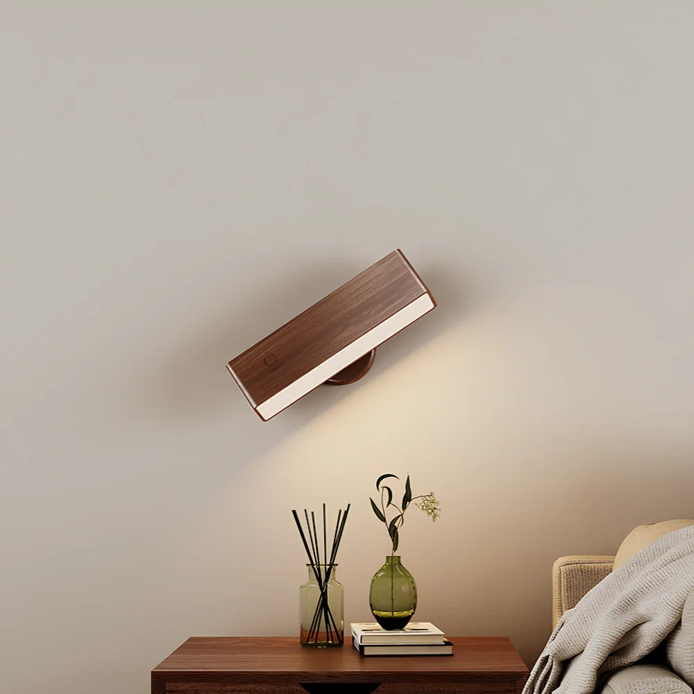 Rectangular walnut wood rotatable wall light