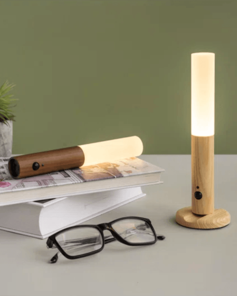 Wood wall sconce with motion sensor, rechargeable, product photo 2