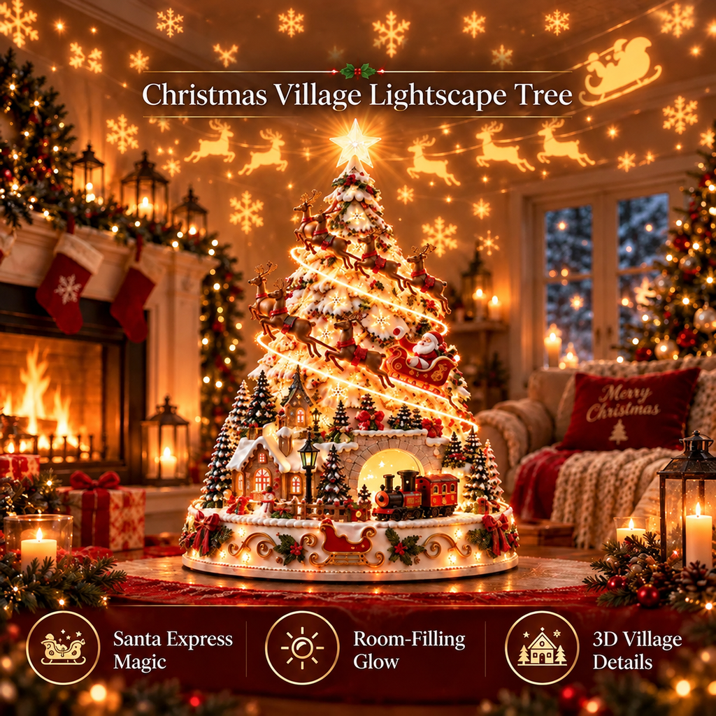 Lighted Christmas village tree with glowing miniature houses on a mantel