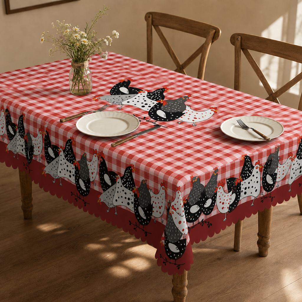 Red plaid rooster tablecloth with lace edge 1