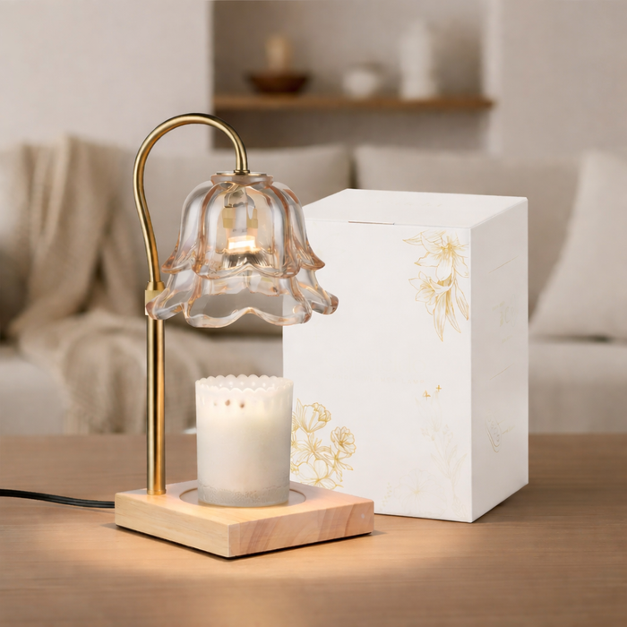 Flower Candle Warmer Lamp, Glass Shade, Gold Arm, Timer, Dimmer