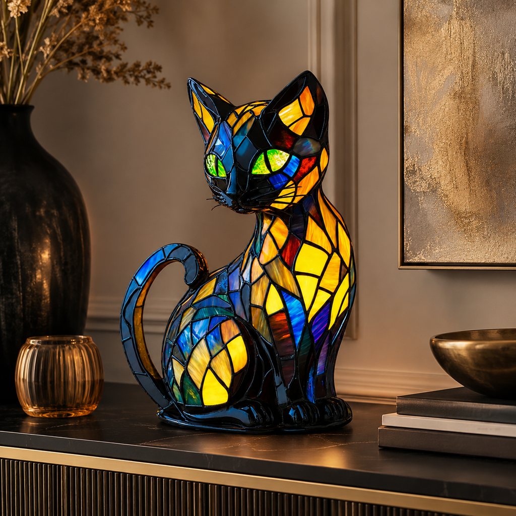Cat Lamp, Stained Glass Night Light, Black Cat Table Lamp, 6.7 Inch