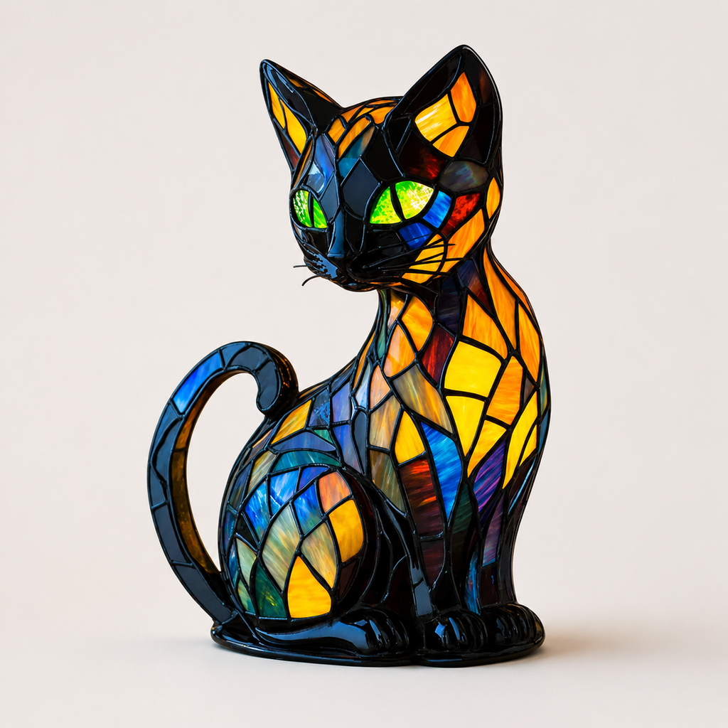Cat Lamp, Stained Glass Night Light, Black Cat Table Lamp, 6.7 Inch
