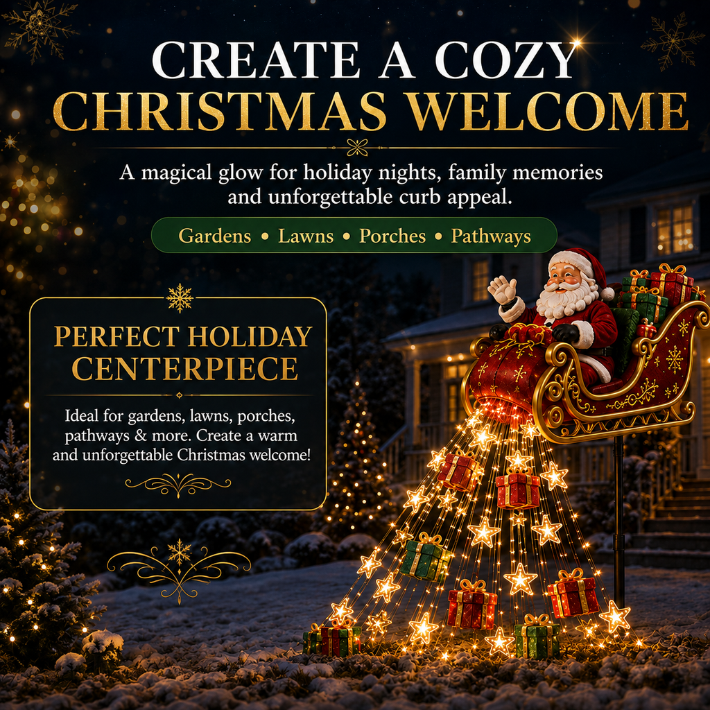 Solar Christmas lights Santa sleigh yard stake glowing in a garden at night