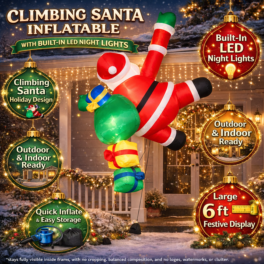 Christmas inflatable climbing Santa lit up on a house at night - photo 4
