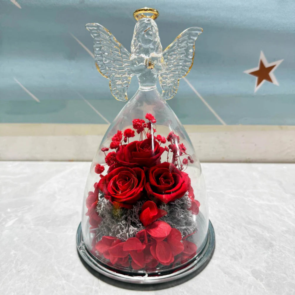 Preserved Rose and Angel in Glass Dome