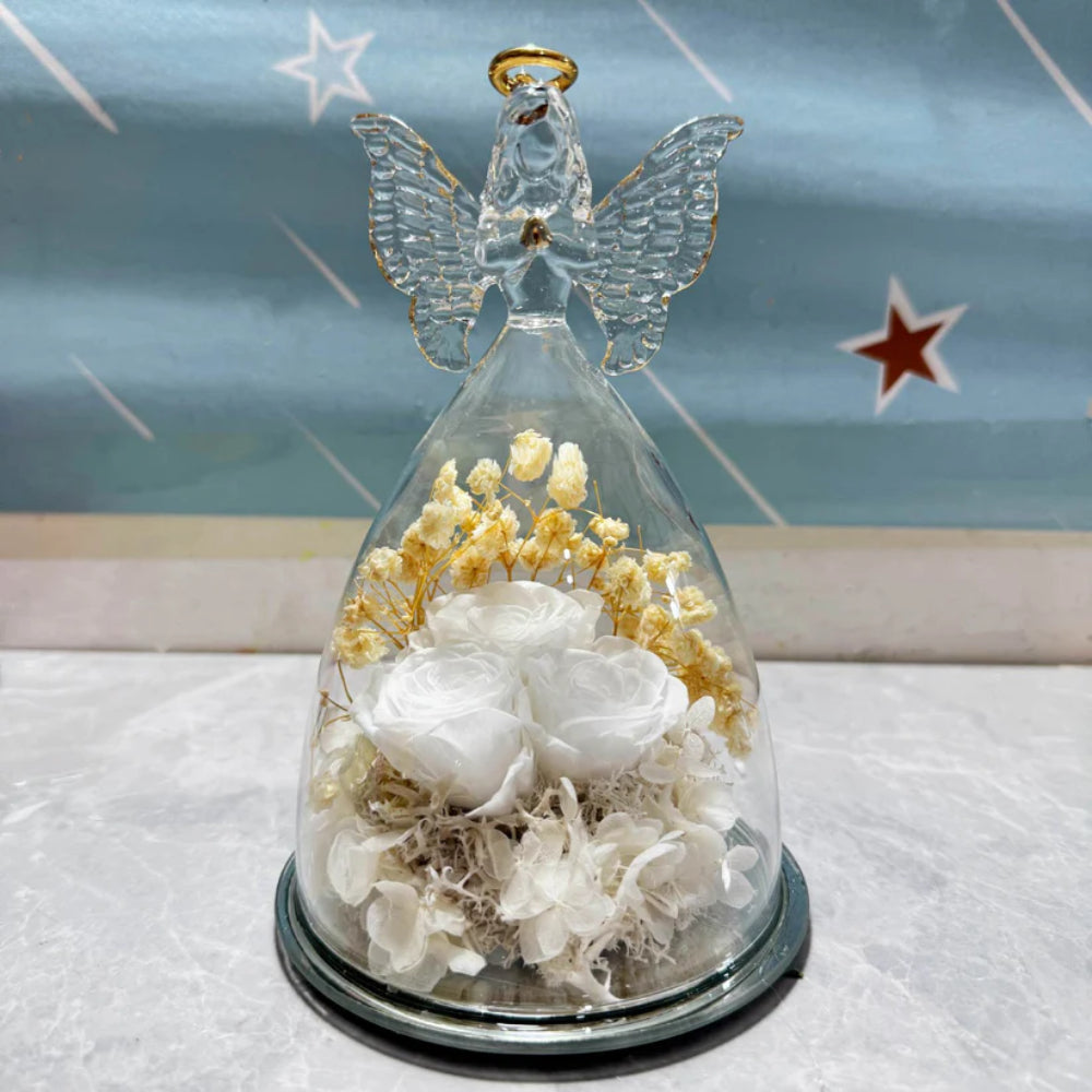 Preserved Rose and Angel in Glass Dome