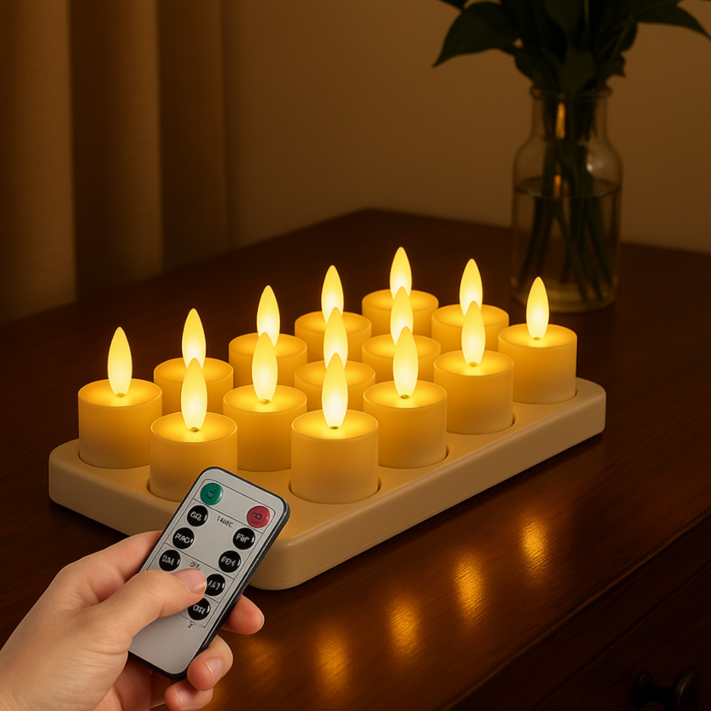 Flameless taper candles with remote glowing in a Christmas window