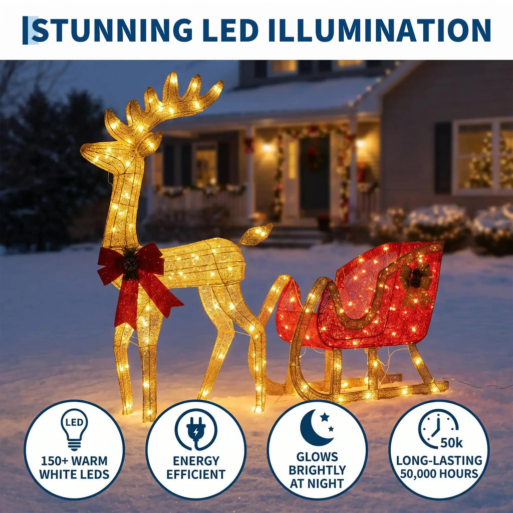 Lighted reindeer and sleigh outdoor Christmas decoration on a front lawn - photo 2