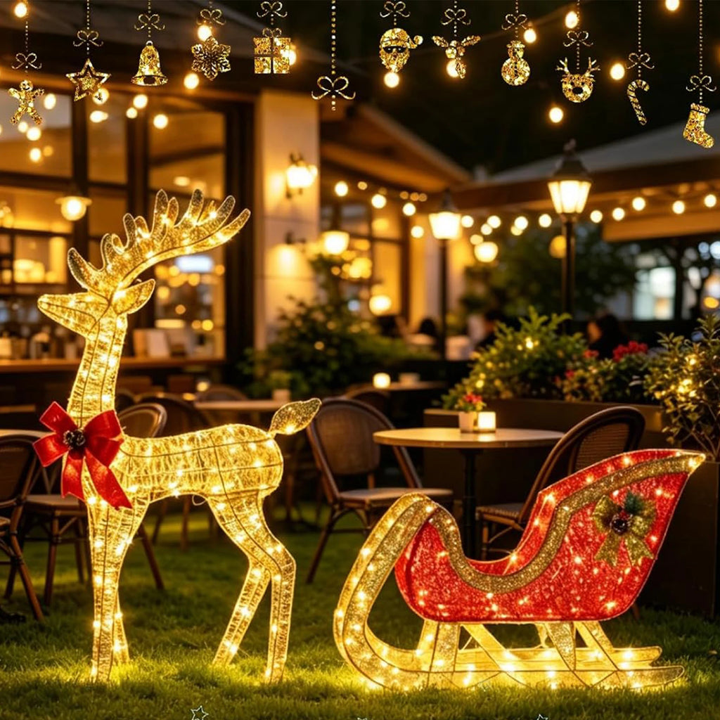 Lighted reindeer and sleigh outdoor Christmas decoration on a front lawn - photo 7