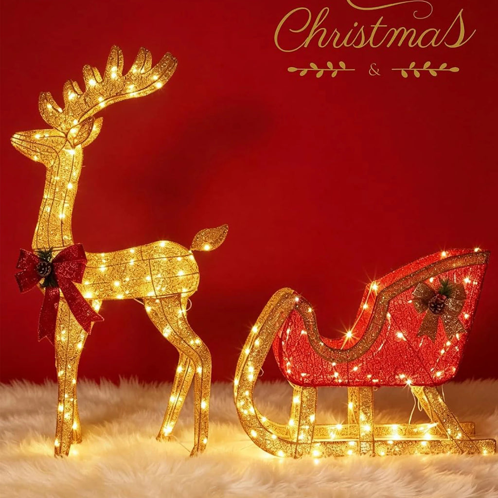 Lighted reindeer and sleigh outdoor Christmas decoration on a front lawn - photo 8
