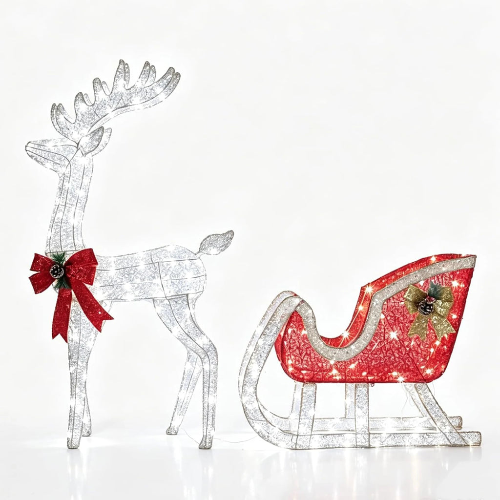 Lighted reindeer and sleigh outdoor Christmas decoration on a front lawn - photo 9
