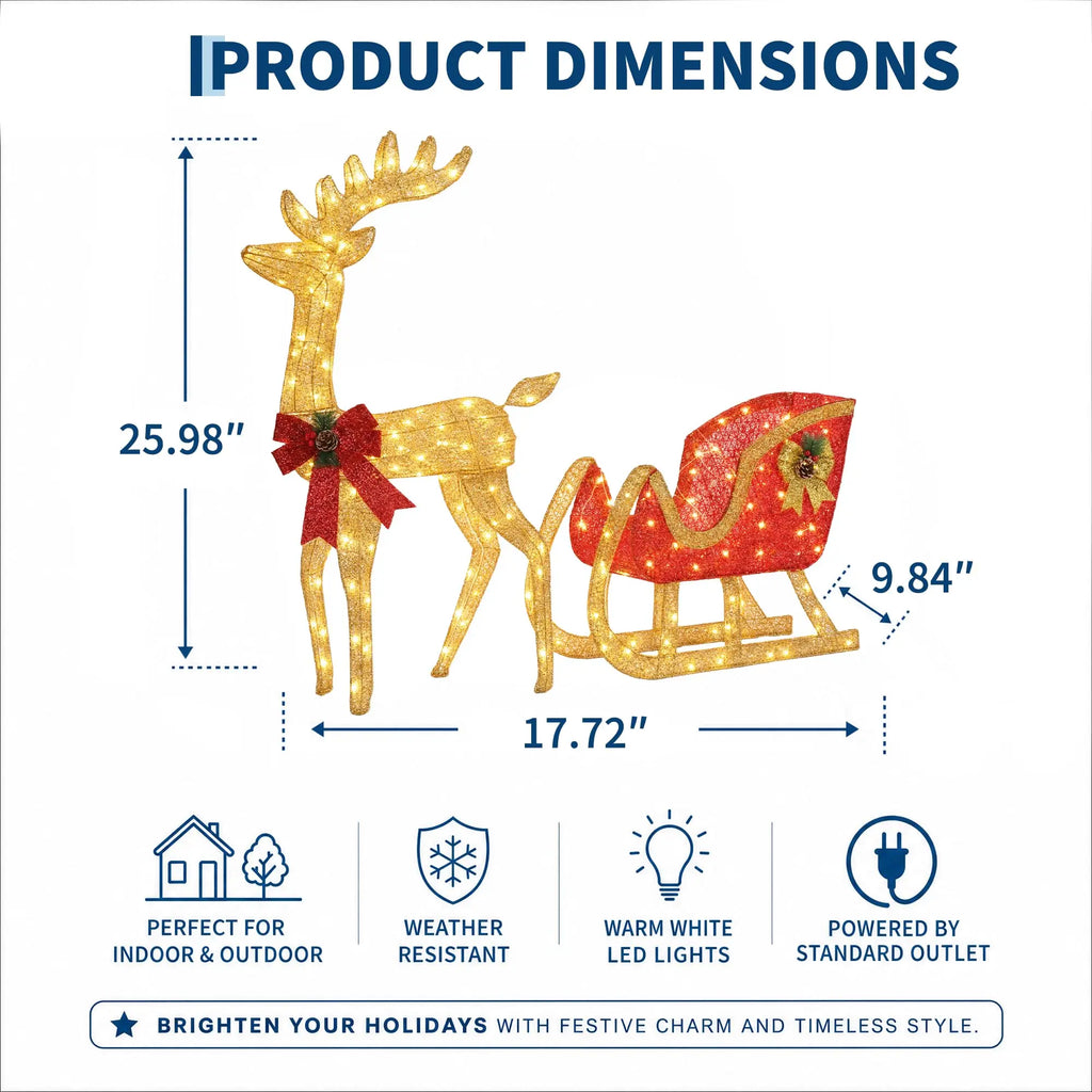 Lighted reindeer and sleigh outdoor Christmas decoration on a front lawn - photo 3