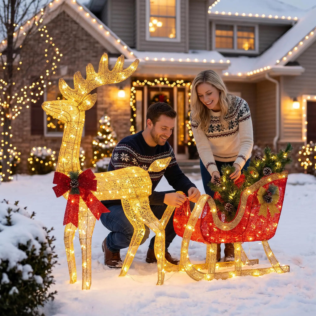 Lighted reindeer and sleigh outdoor Christmas decoration on a front lawn - photo 6