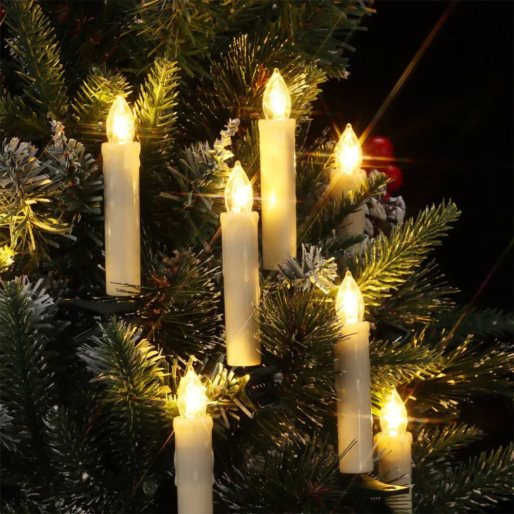 Christmas tree candle lights clipped on branches glowing warm white
