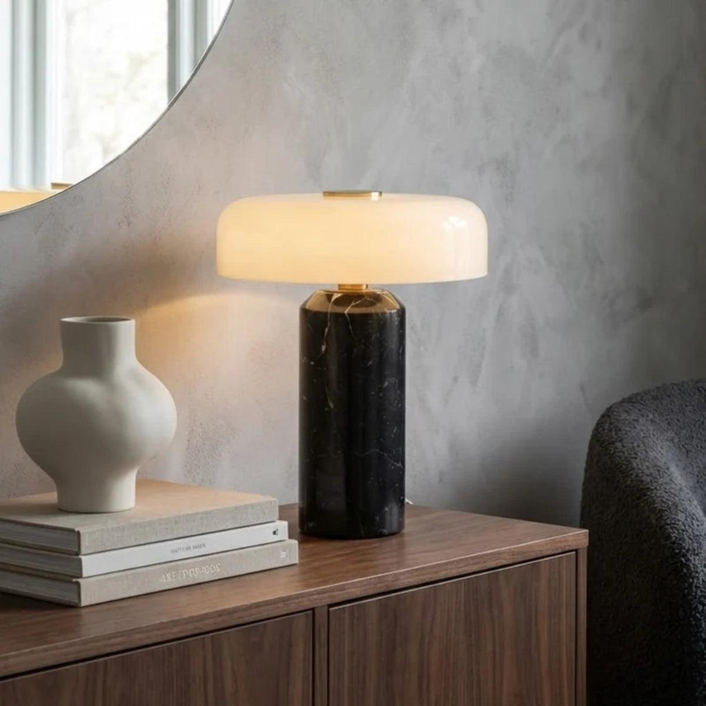 Mushroom lamp, cordless opaline glass lamp, marble base