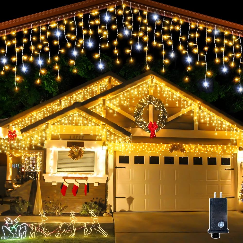 Outdoor curtain lights hanging warm white along a house roofline
