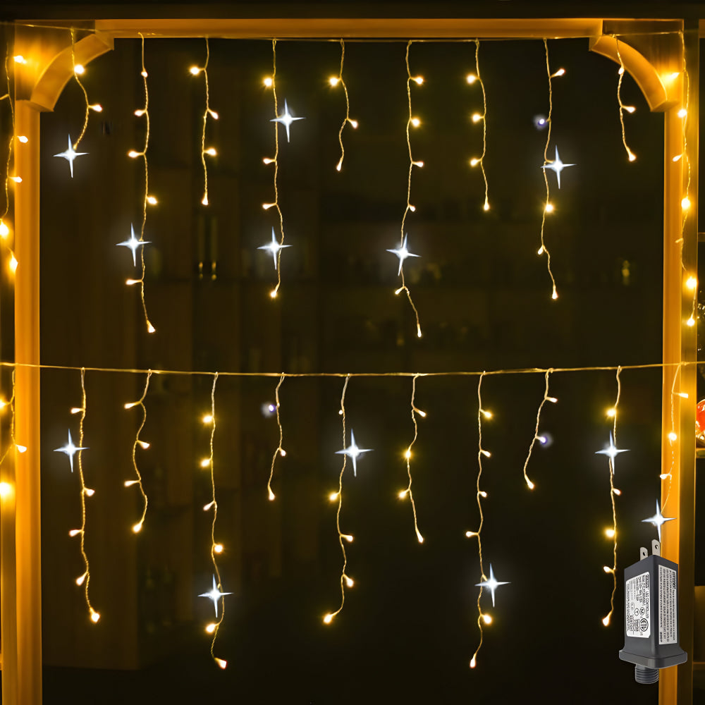 Outdoor curtain lights hanging warm white along a house roofline - photo 3