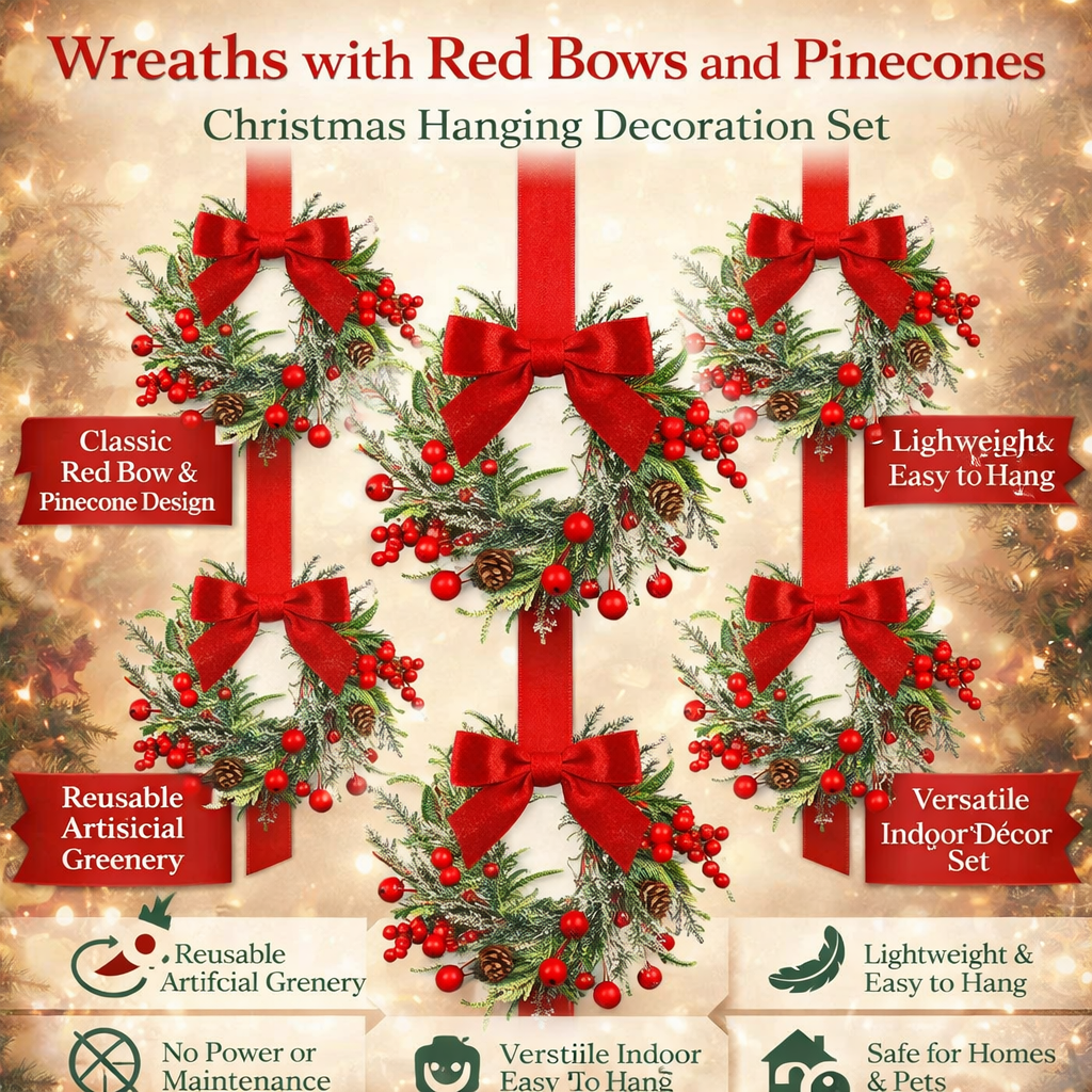 Christmas Wreath with Red Bow and Pinecones