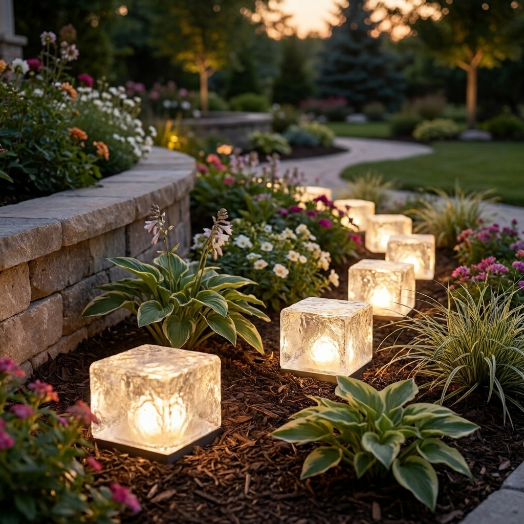 Solar ice cube lights bordering a flower bed at dusk