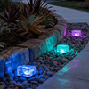 Solar ice cube lights glowing in RGB colors along a garden border at night