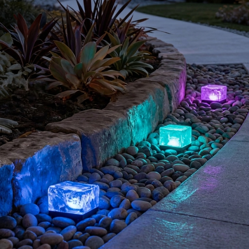 Solar ice cube lights glowing in RGB colors along a garden border at night