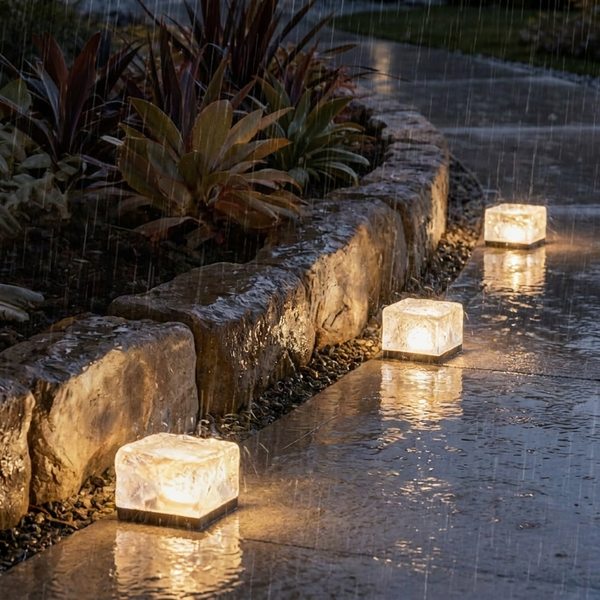 Solar ice cube lights glowing on a wet path outside at night in the rain