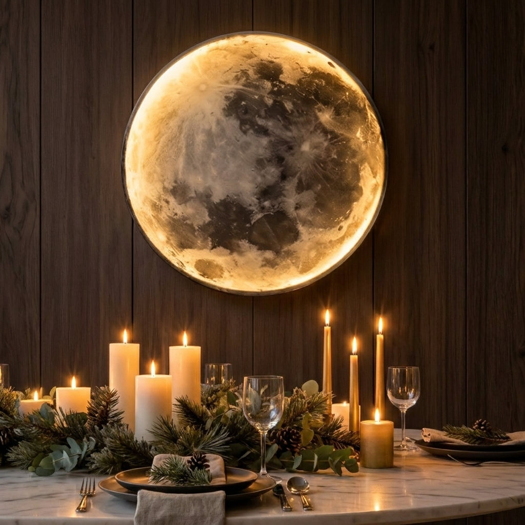 Lunar moon wall sconce above a candlelit dining table
