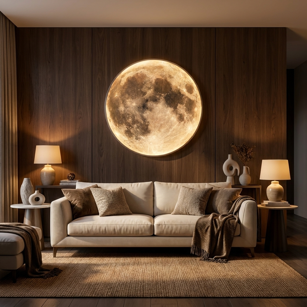 Lunar moon wall sconce on a living room feature wall