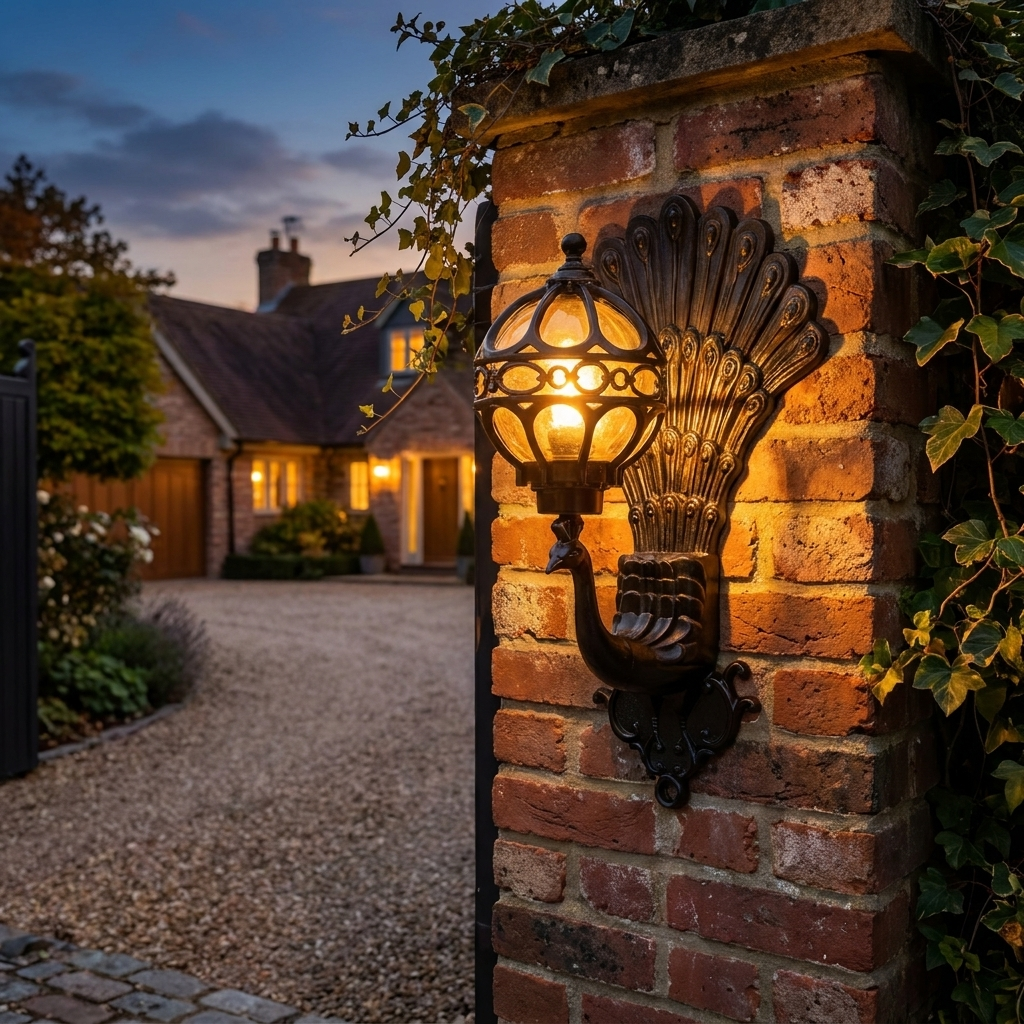 Peacock wall sconce on a brick gate pillar at a driveway entrance in the evening