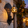 Close-up of the glowing peacock wall sconce at dusk