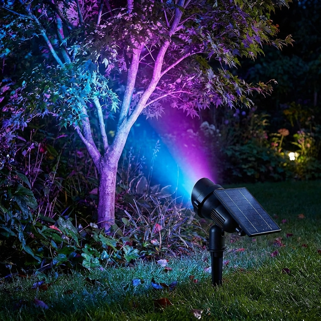 Solar spotlight in RGB mode uplighting a tree blue and purple