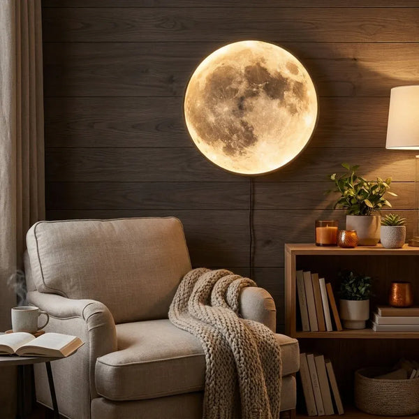 Lunar wall sconce mounted above a dining table