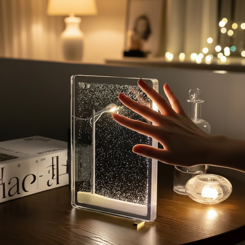 Snowfall lamp glowing with falling snow effect on a bedside table