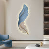 LED wall art feather wall light, blue and white, modern living room