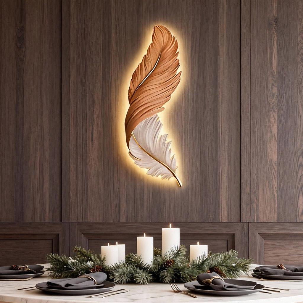 LED wall art feather wall light, dining room accent