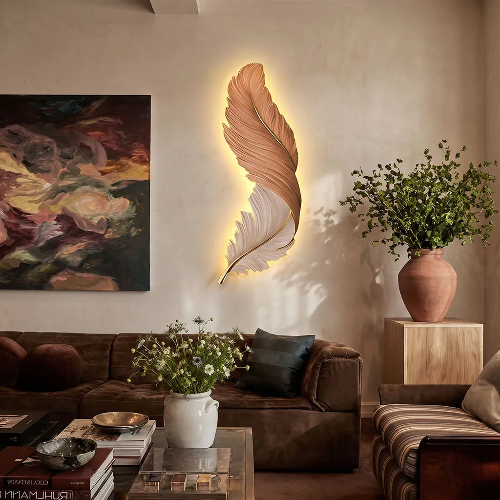 LED wall art feather wall light, orange and white, backlit