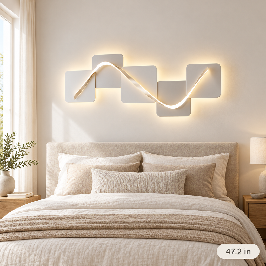 47.2 inch geometric LED wall art above a queen bed