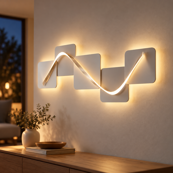 Geometric LED wall art glowing warm white on a wall in the evening