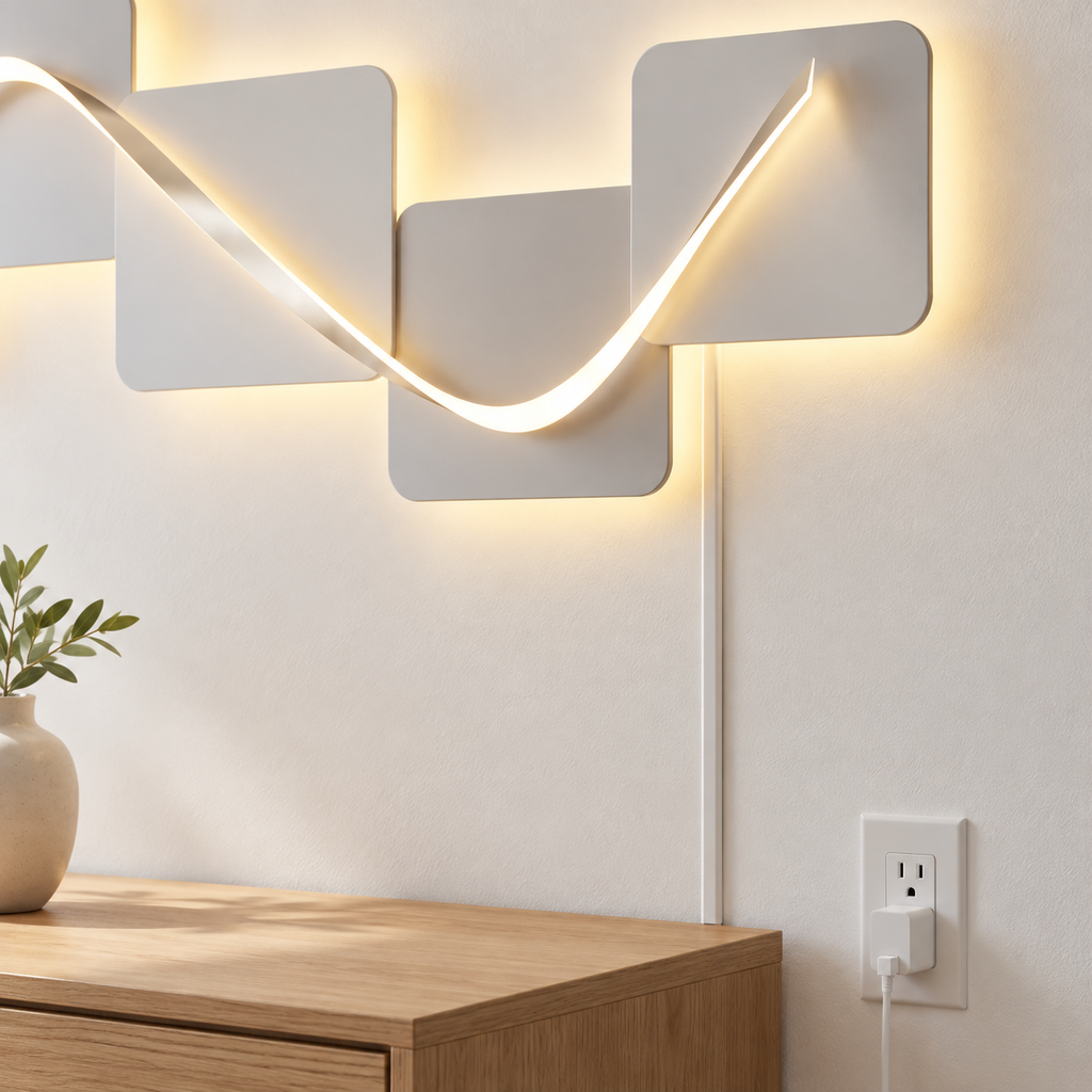 Geometric LED wall art plugged into a wall outlet by USB, cable running down to the outlet