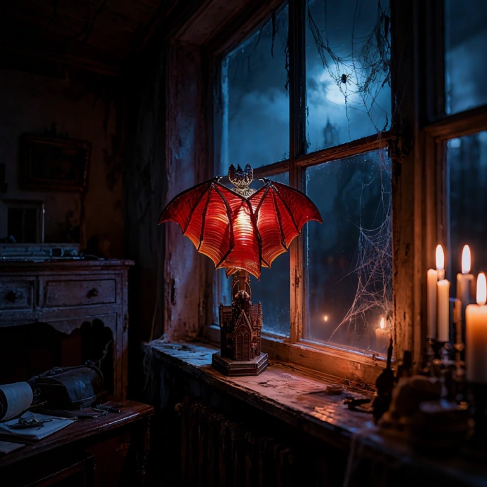 Red bat wing table lamp in a window