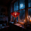 Red bat wing table lamp in a window