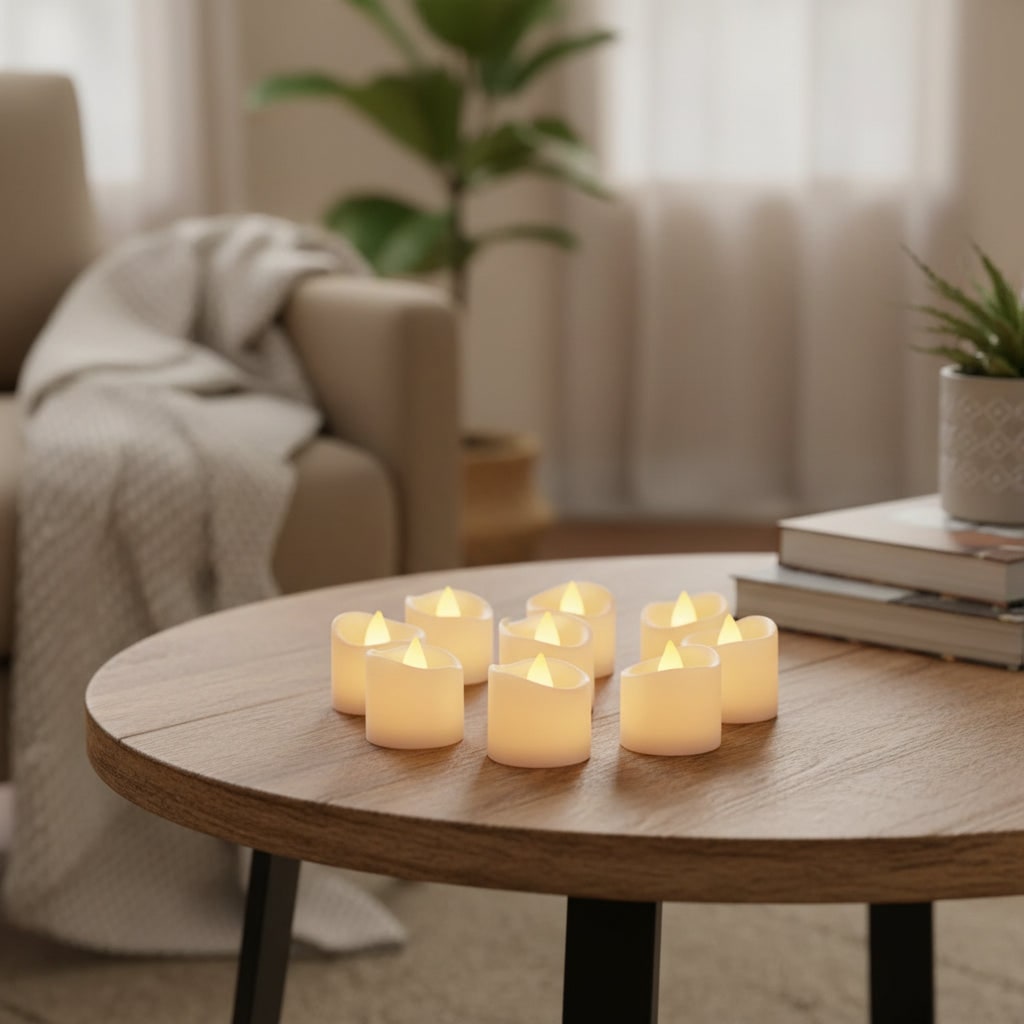 Flameless LED tea light candle set on a table