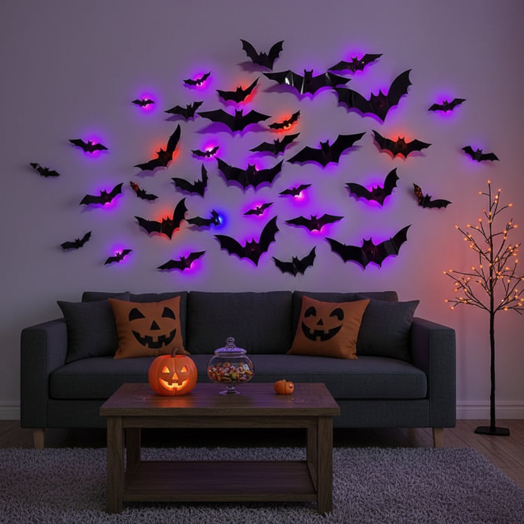 3D bat wall decor with purple LED backlight above a sofa
