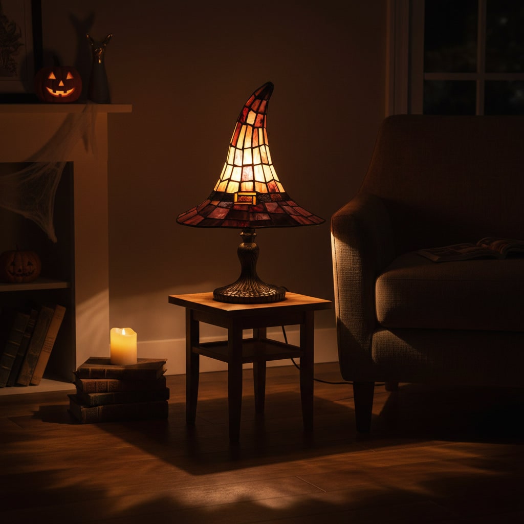 Witch hat stained glass table lamp in a living room
