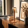 Mushroom dome table lamp on a walnut console table at golden hour