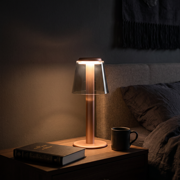 Mushroom table lamp lit on a bedside table in a dark bedroom at night