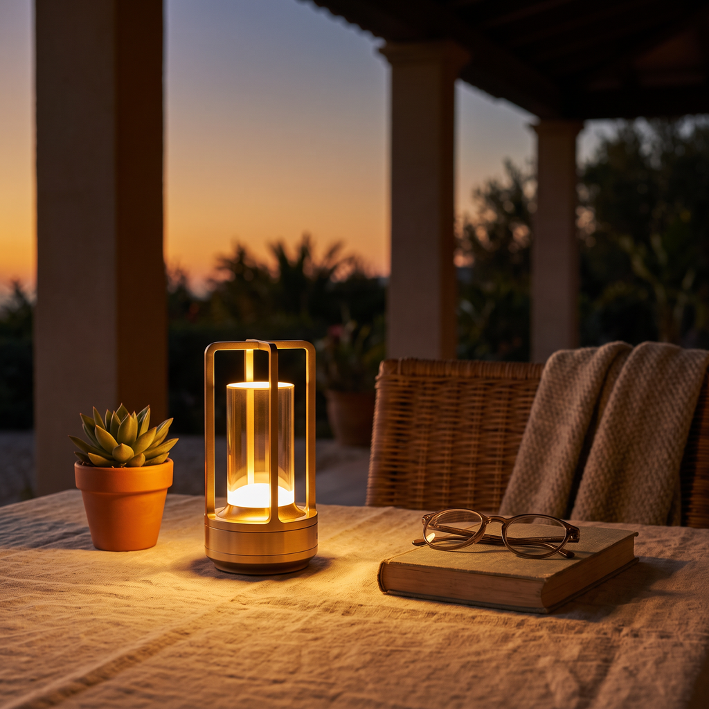 Cordless LED table lamp lit on a covered terrace table at golden hour